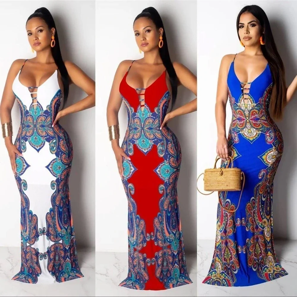 Bohemian Beach Vintage Tribal Print Slip Backless Casual Long Maxi Red LARGE - Picture 3 of 6